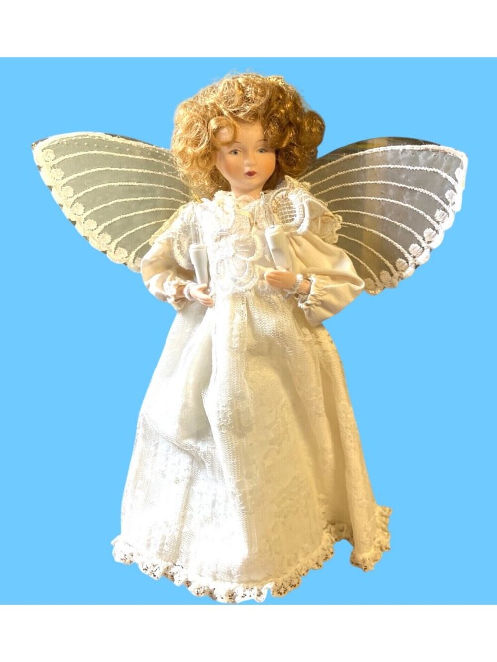 Angel Tree Topper With Lace Dress and Gold Colored Wings Vintage